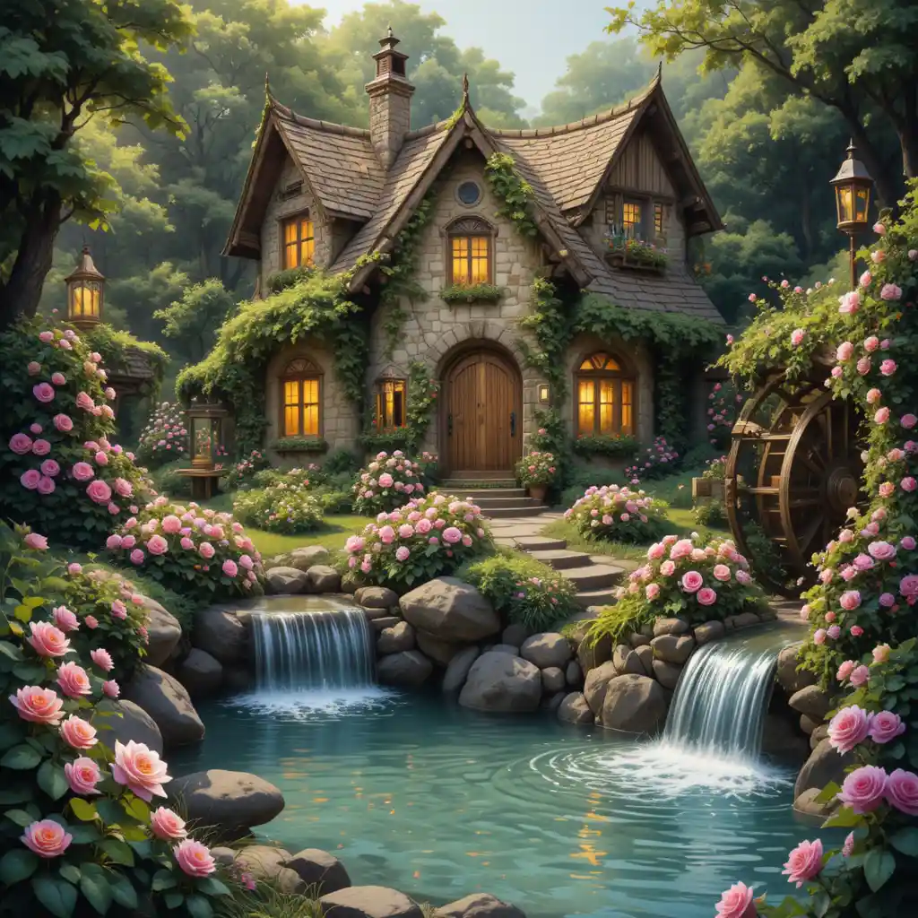 Casa de piedra de cuento de hadas con hiedra y jardín secreto de flores