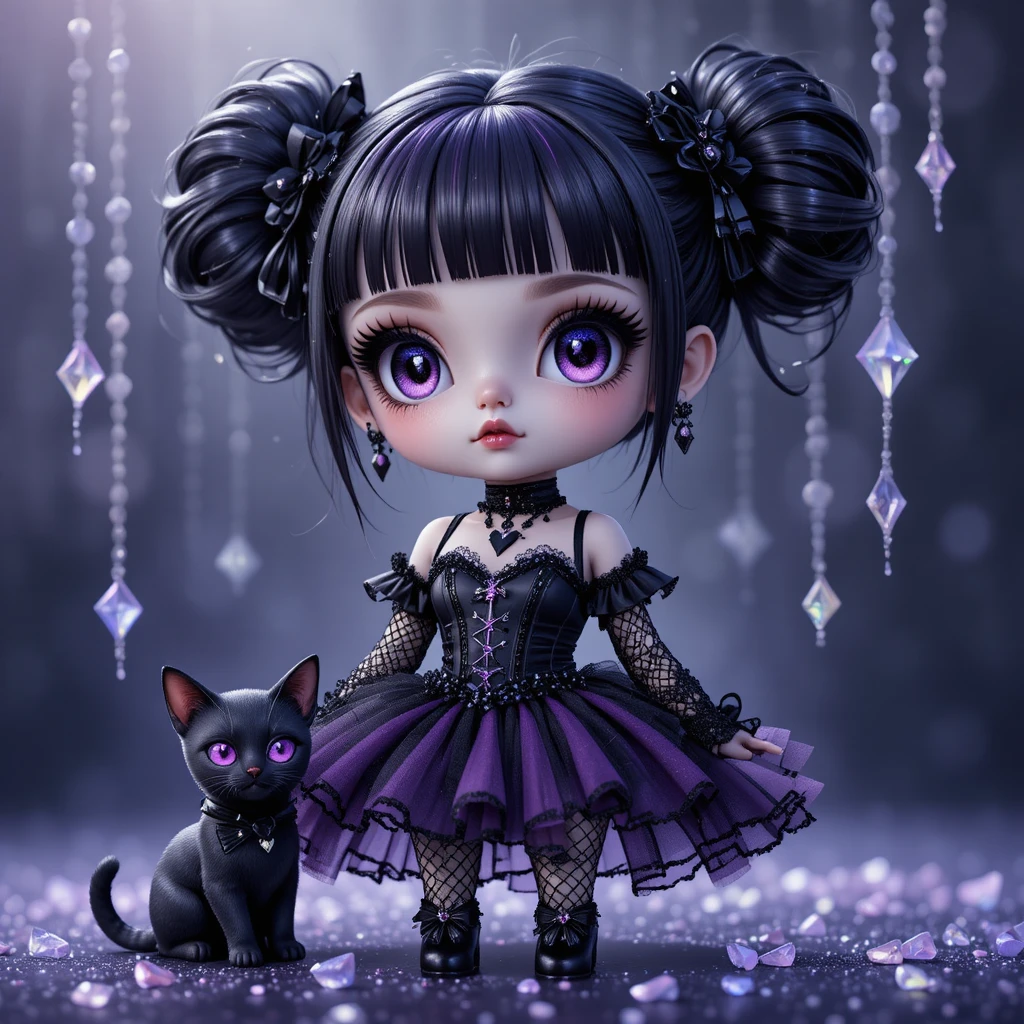 Adorable fille d’anime gothique aux yeux noirs et chignons doubles