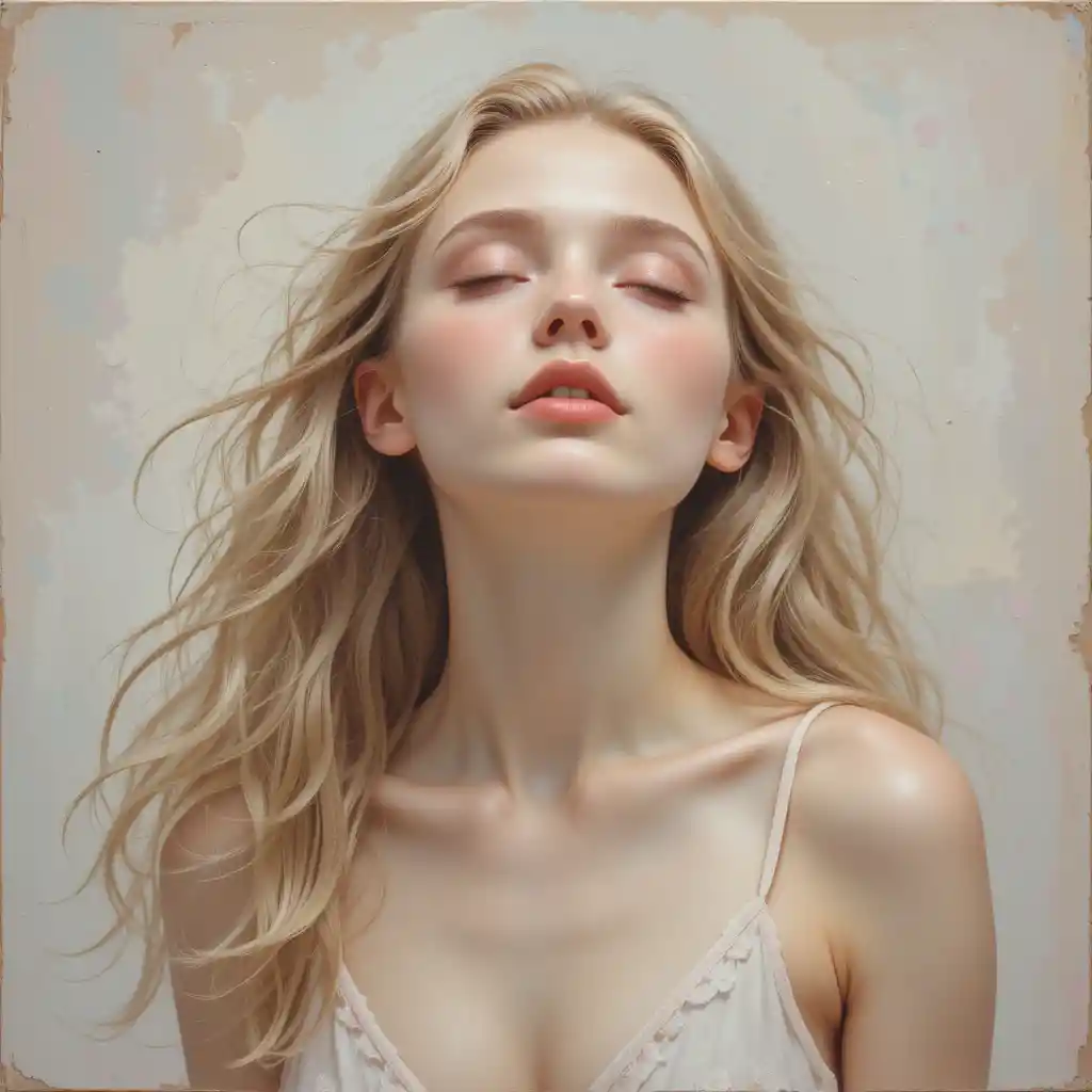 Jeune femme sereine aux yeux fermés dans une douce peinture pastel