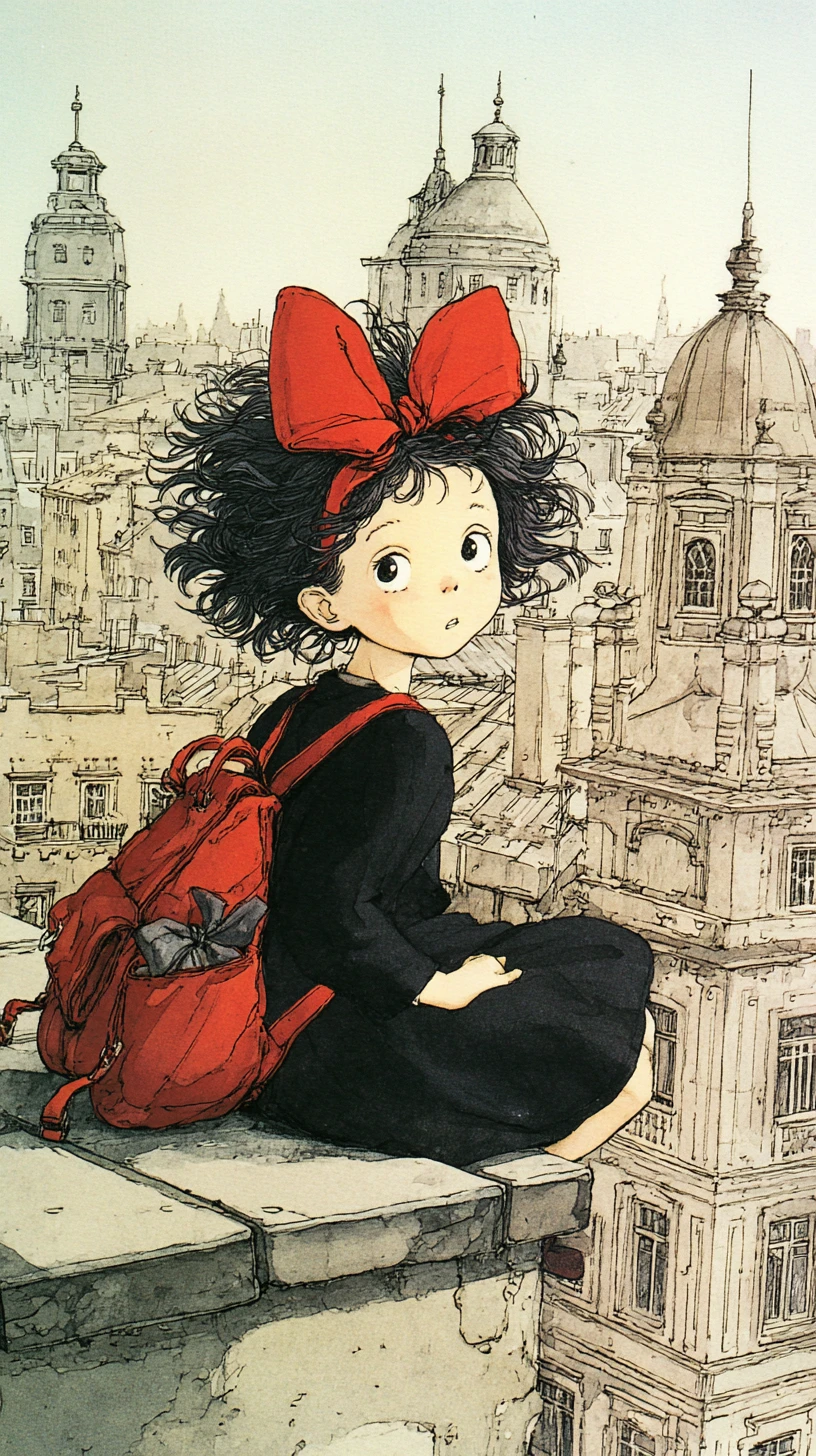 マンガ風の街の屋上にいる少女