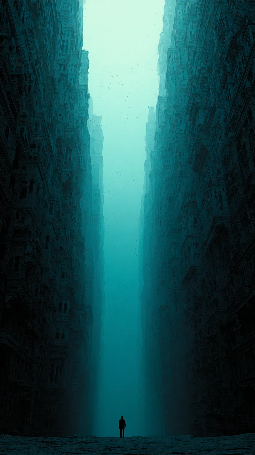 Lone silhouette in towering chasm between dark city walls