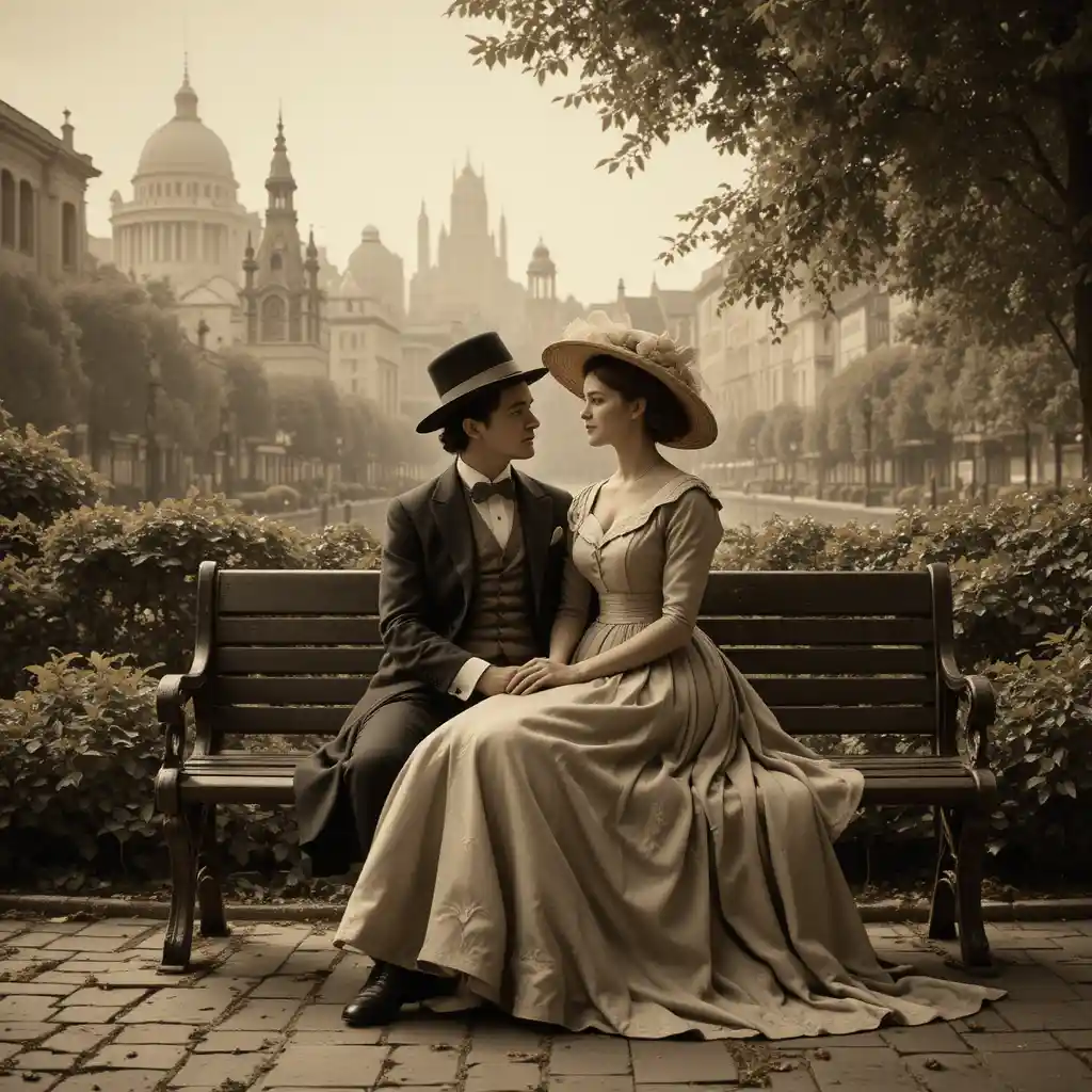 Victorian couple on park bench in nostalgic city scene