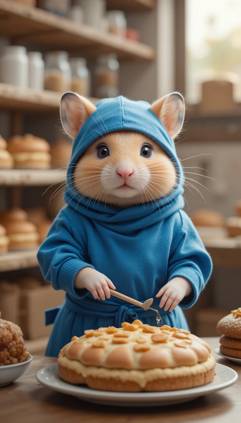 Hamster Boulanger en Tenue de Ninja Bleue dans une Boulangerie Chaleureuse