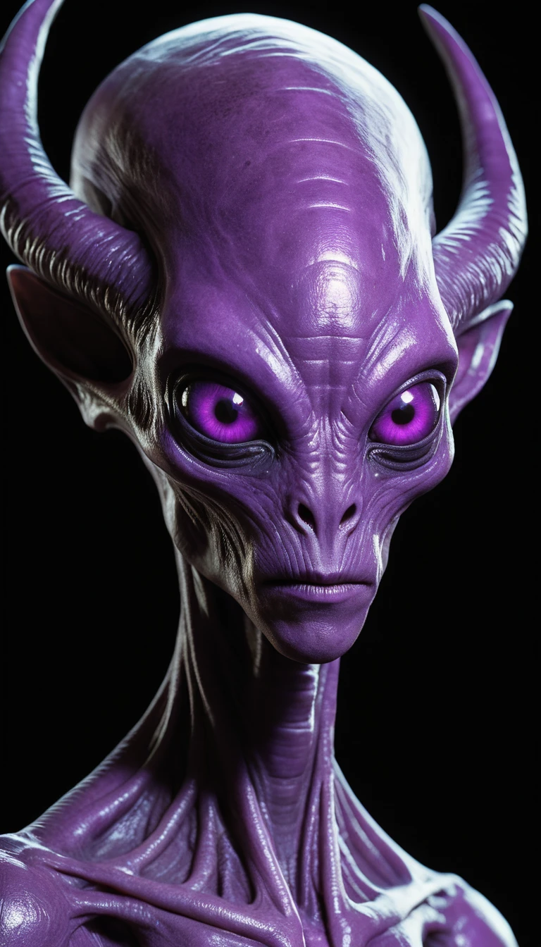 Alien com chifres brilhantes flutuando em um vazio preto texturizado