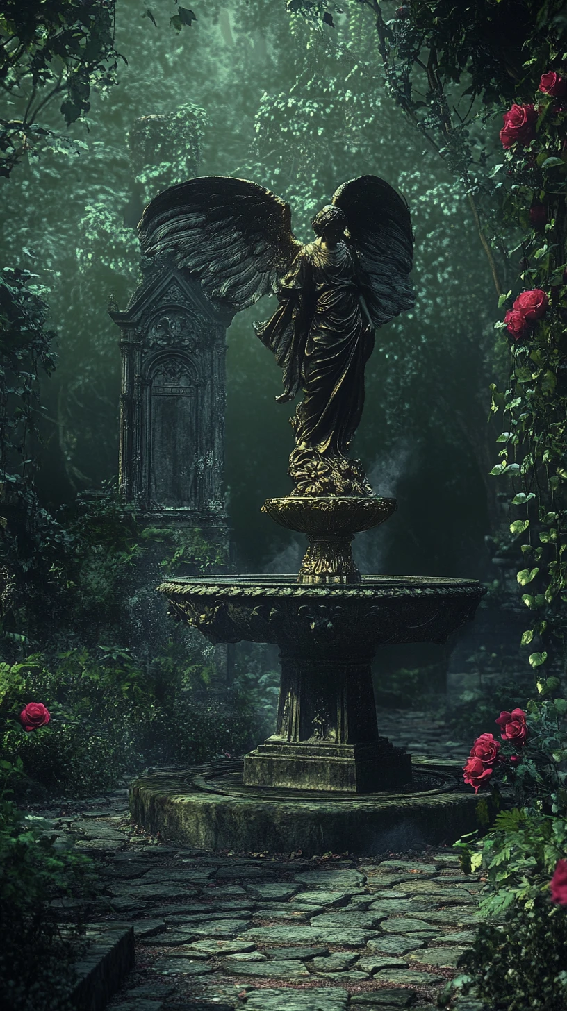 Fontana di pietra consumata e angelo in un giardino di cimitero incolto
