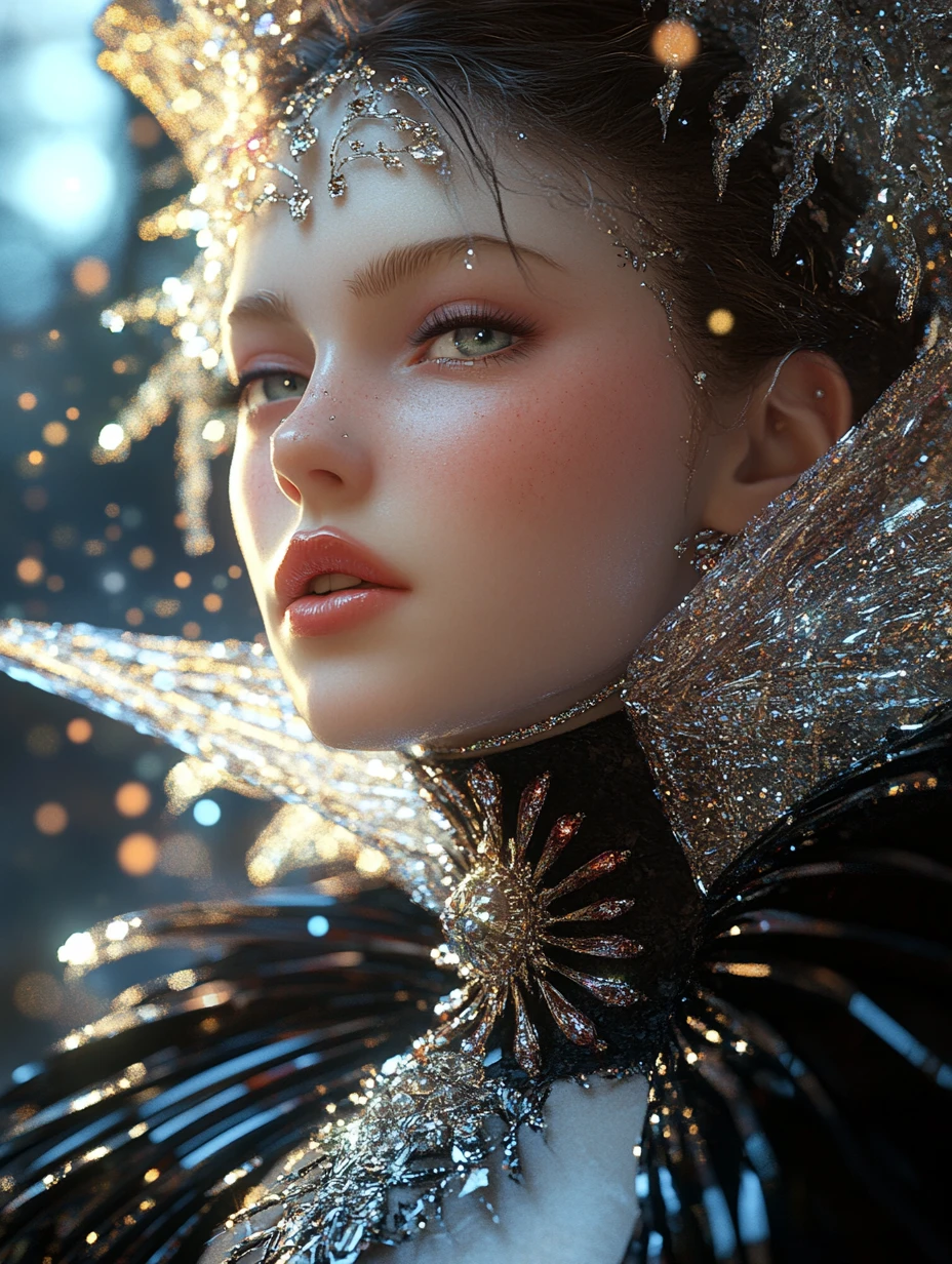 Elegante donna fantasy che posa con un luminoso colletto gioiello