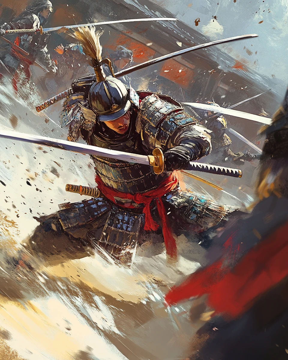 Guerreiro samurai cortando inimigos em batalha dinâmica de anime