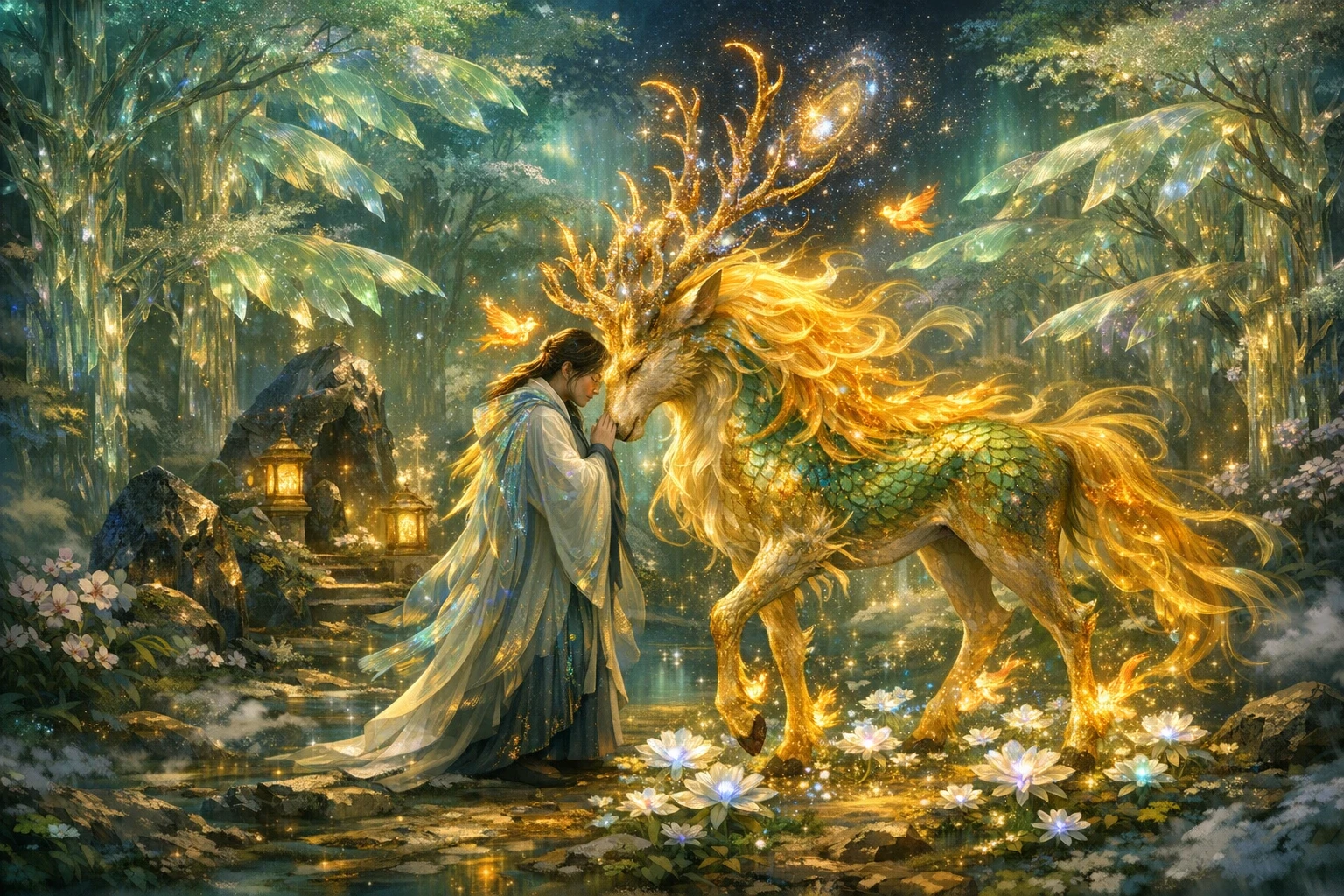 Qilin che cammina in una foresta fantastica cristallina illuminata dalle stelle