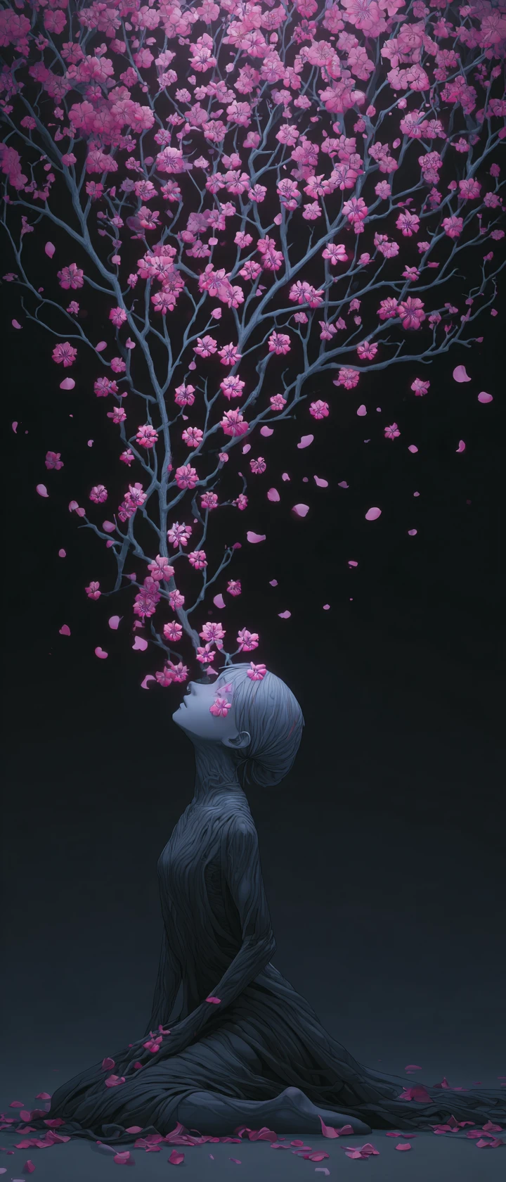 Femme anime aux branches osseuses fleuries dans un vide brumeux