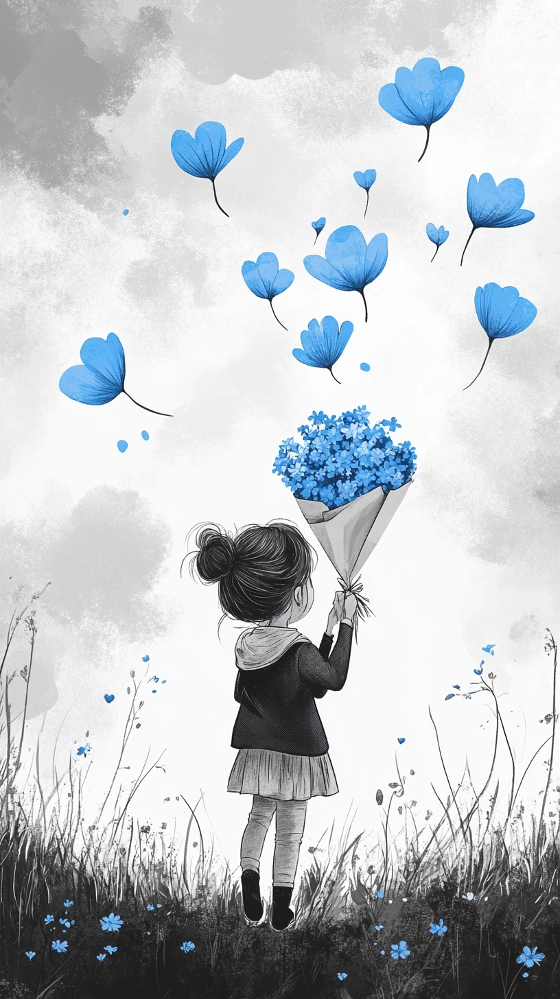 Menina com flores azuis sob um céu nublado