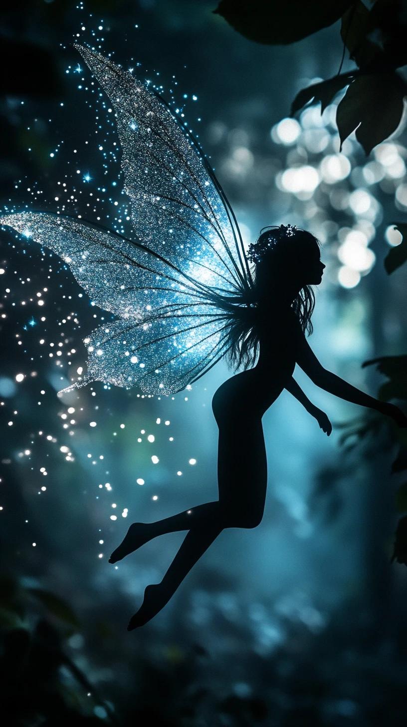 Backlit fairy silhouette flying in a dark mystical forest