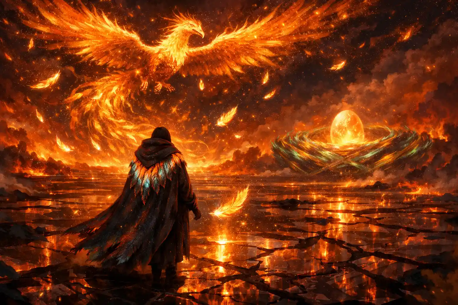 Phénix majestueux planant au-dessus d’un horizon d’obsidienne en flammes