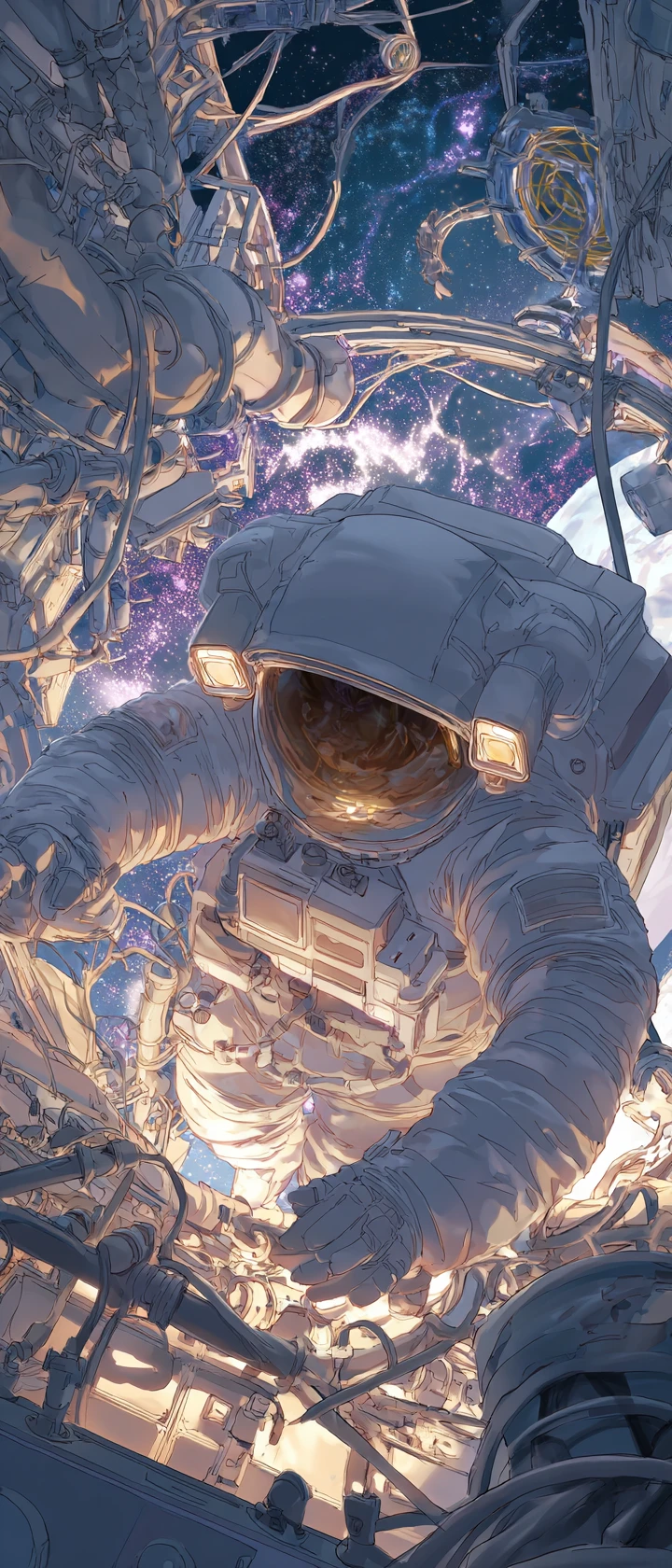 動畫風格的太空人修理破碎的太空站艙段