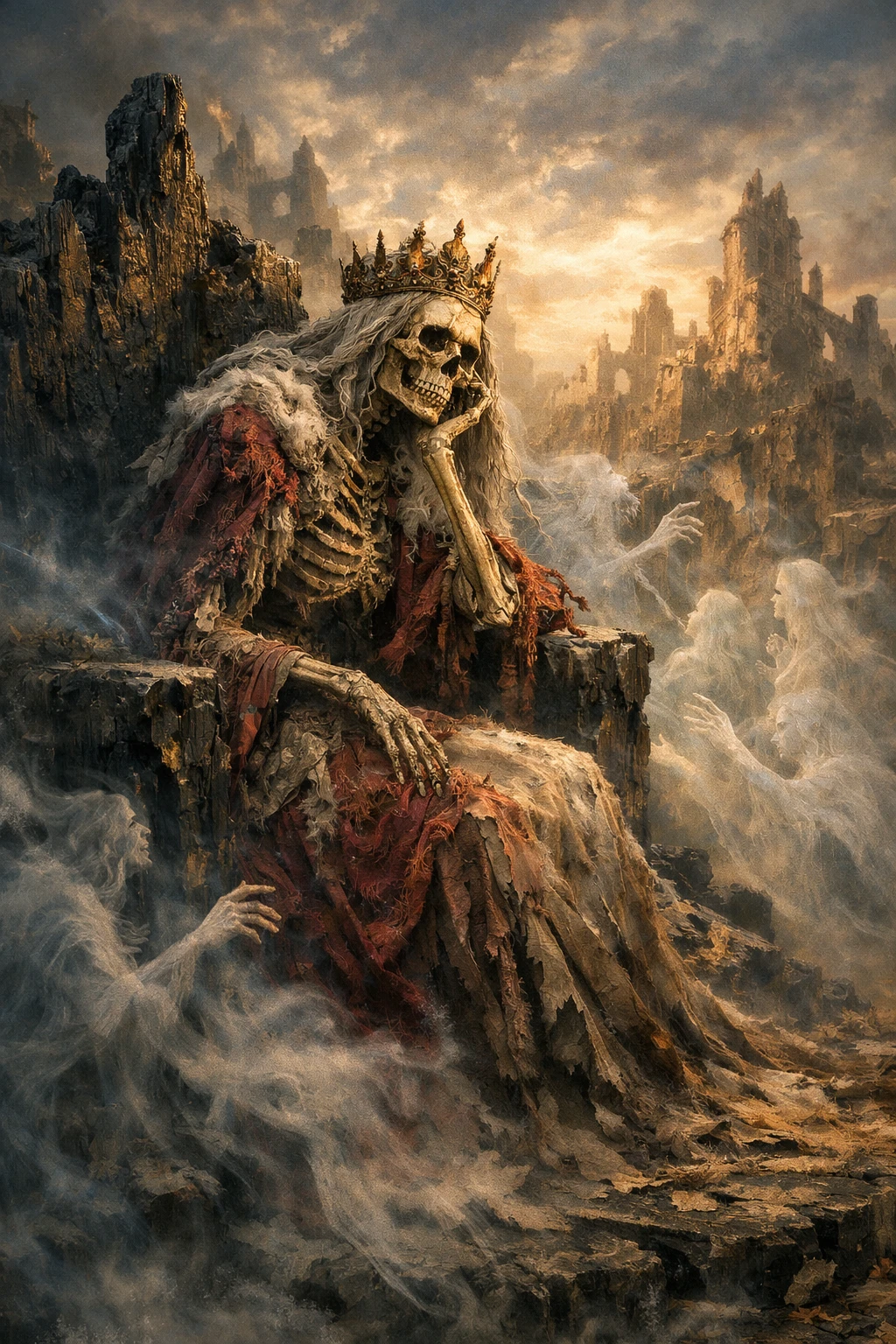 Rainha esquelética em um trono de obsidiana em ruínas fantasmagóricas