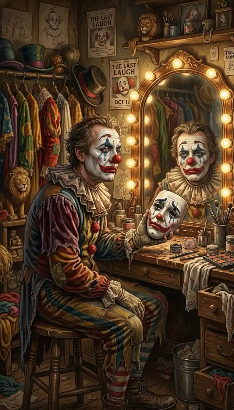 Trauriger Clown mit Maske vor einem Spiegel sitzend