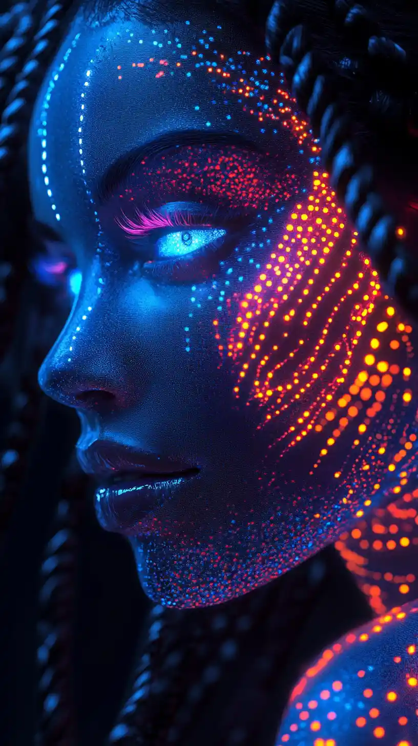 Mystische blauhäutige Frau mit leuchtenden biolumineszenten Mustern