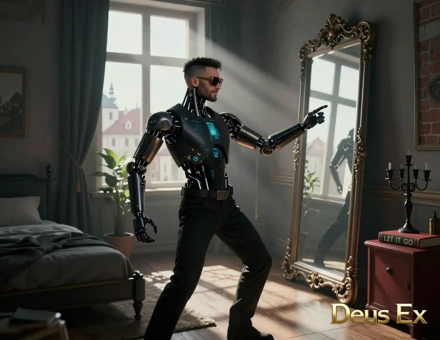 Erweiterter Cyborg-Detektiv in einem futuristischen Schlafzimmer