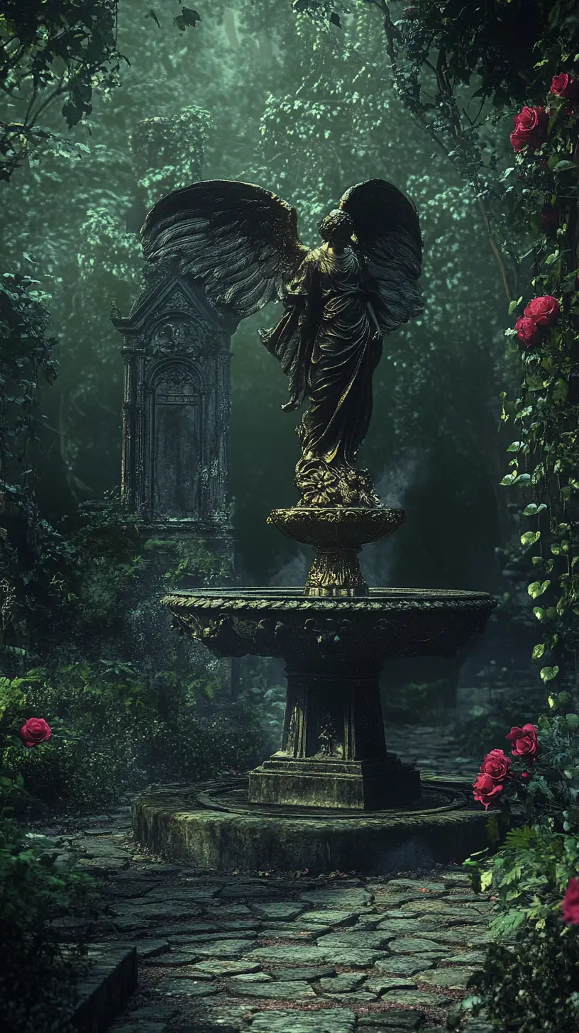 Weathered stone fountain and angel in overgrown cemetery garden