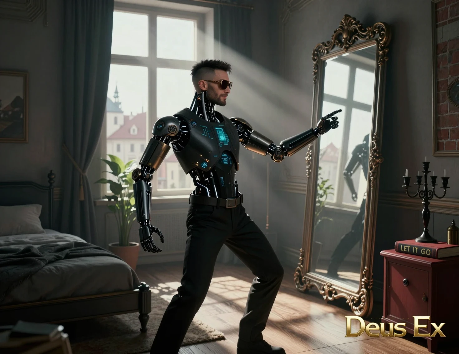 Detective cyborg potenziato in una camera da letto futuristica