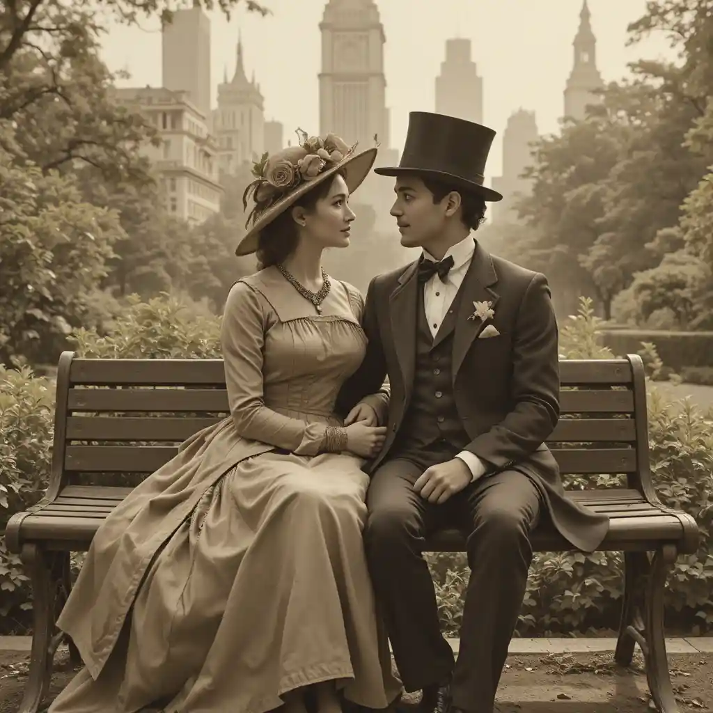 Victorian couple on a park bench in nostalgic sepia tones