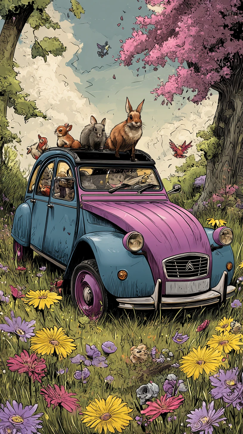 Carro colorido em um prado mágico de flores com animais felizes