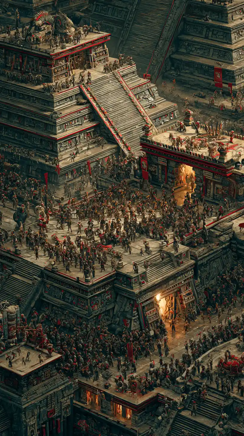 Antichi guerrieri mesoamericani riuniti davanti a un tempio imponente