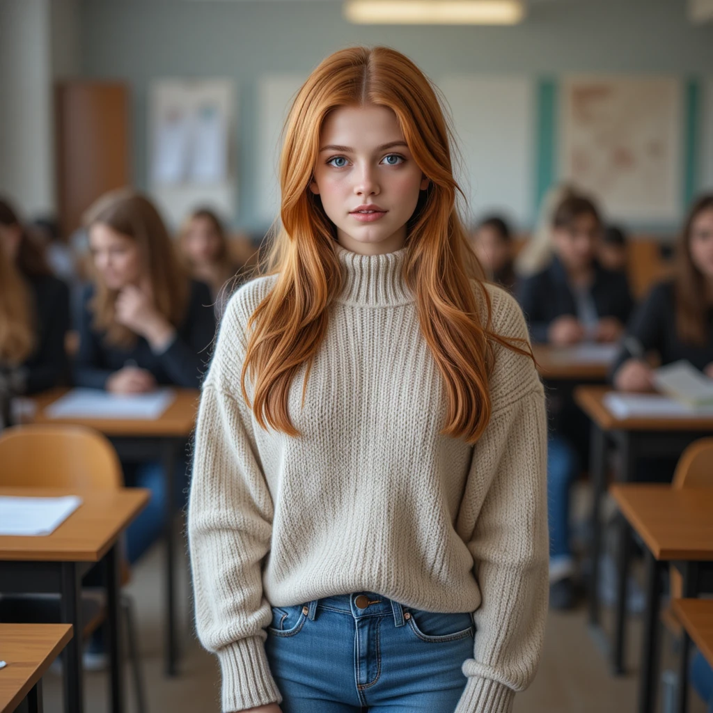 Chica pelirroja con heterocromía en un salón de clase