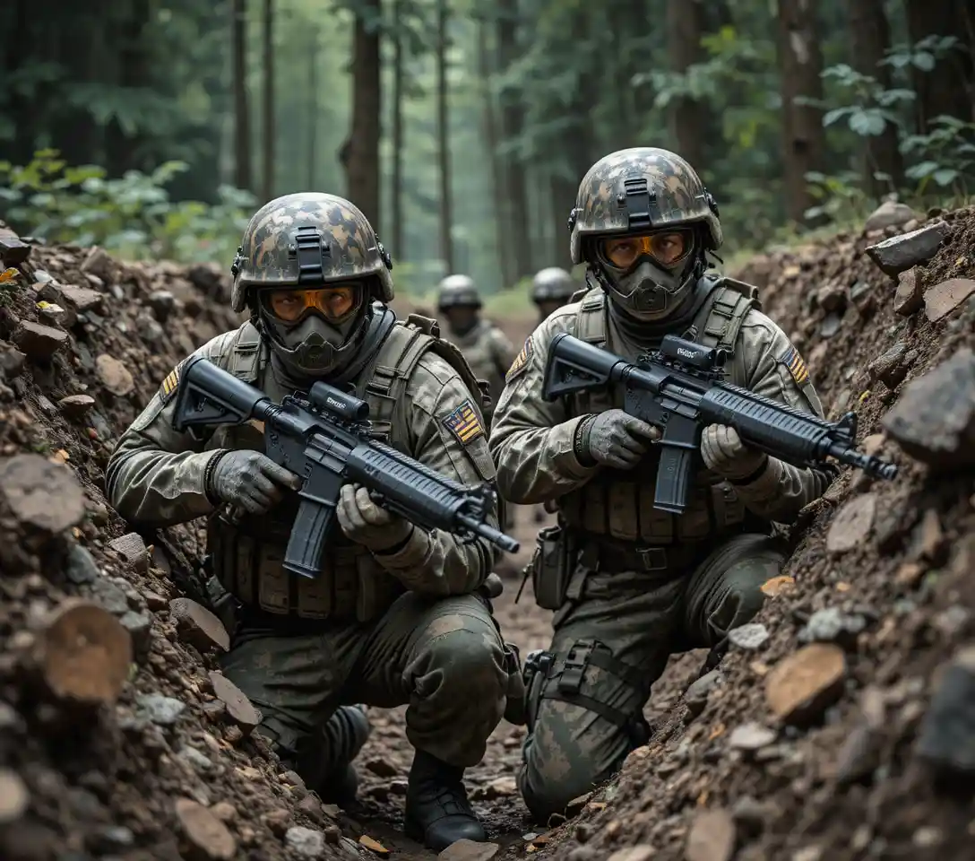 Soldats armés accroupis dans une tranchée en bois en forêt
