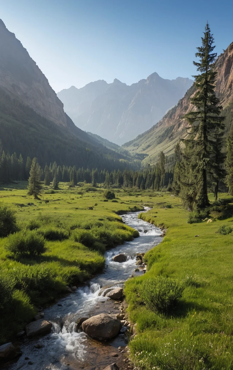 Paisagem tranquila de vale montanhoso repleta de árvores e colinas
