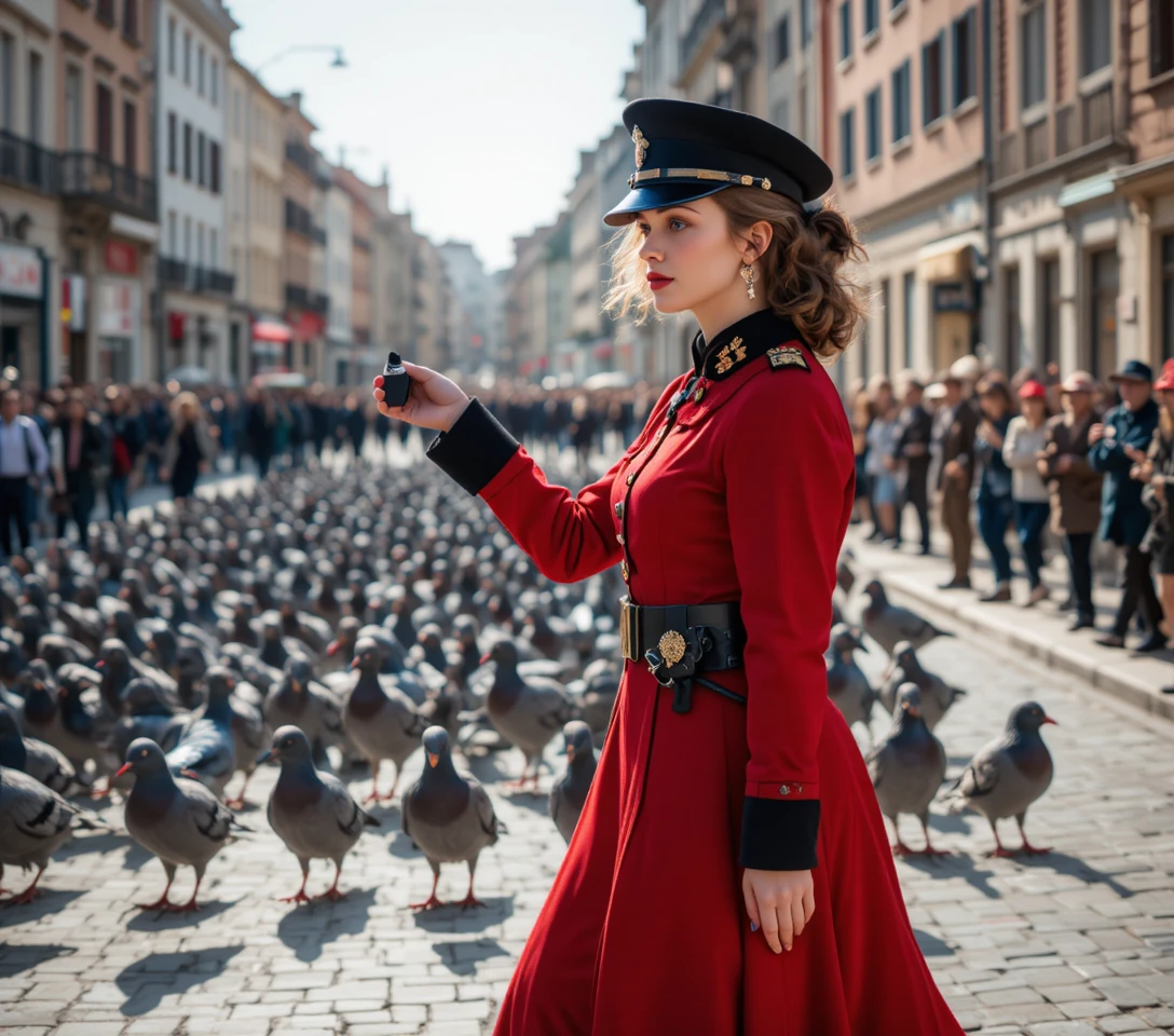 Maestrina de banda marchando com gansos na rua da cidade