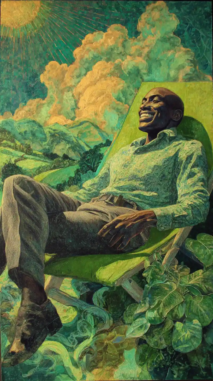 Homem careca sorridente relaxando em uma cadeira acima de um vale ensolarado