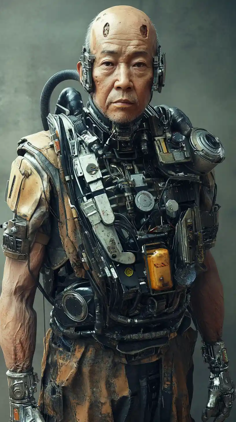 Grimmiger Cyberpunk-Cyborg-Ältester mit mechanischem Torso