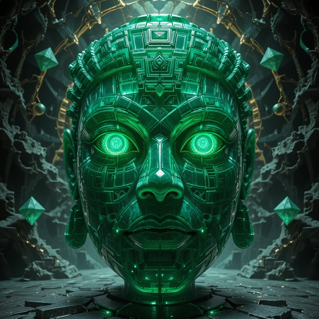 Máscara de Jade Fractal com Padrões Sagrados de Cristais Geométricos
