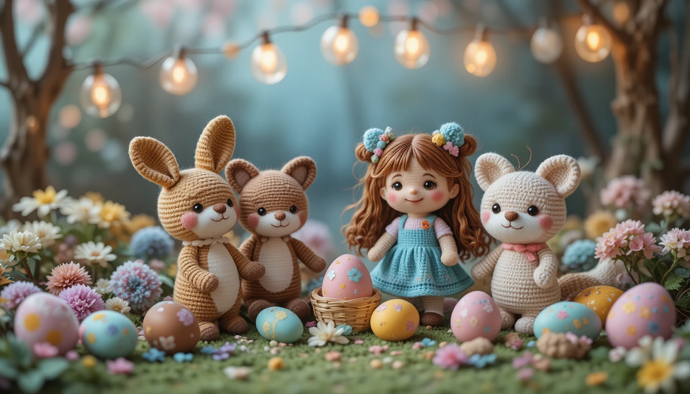 Gehäkelte Amigurumi-Osterfreunde im pastellfarbenen Frühlingsgarten