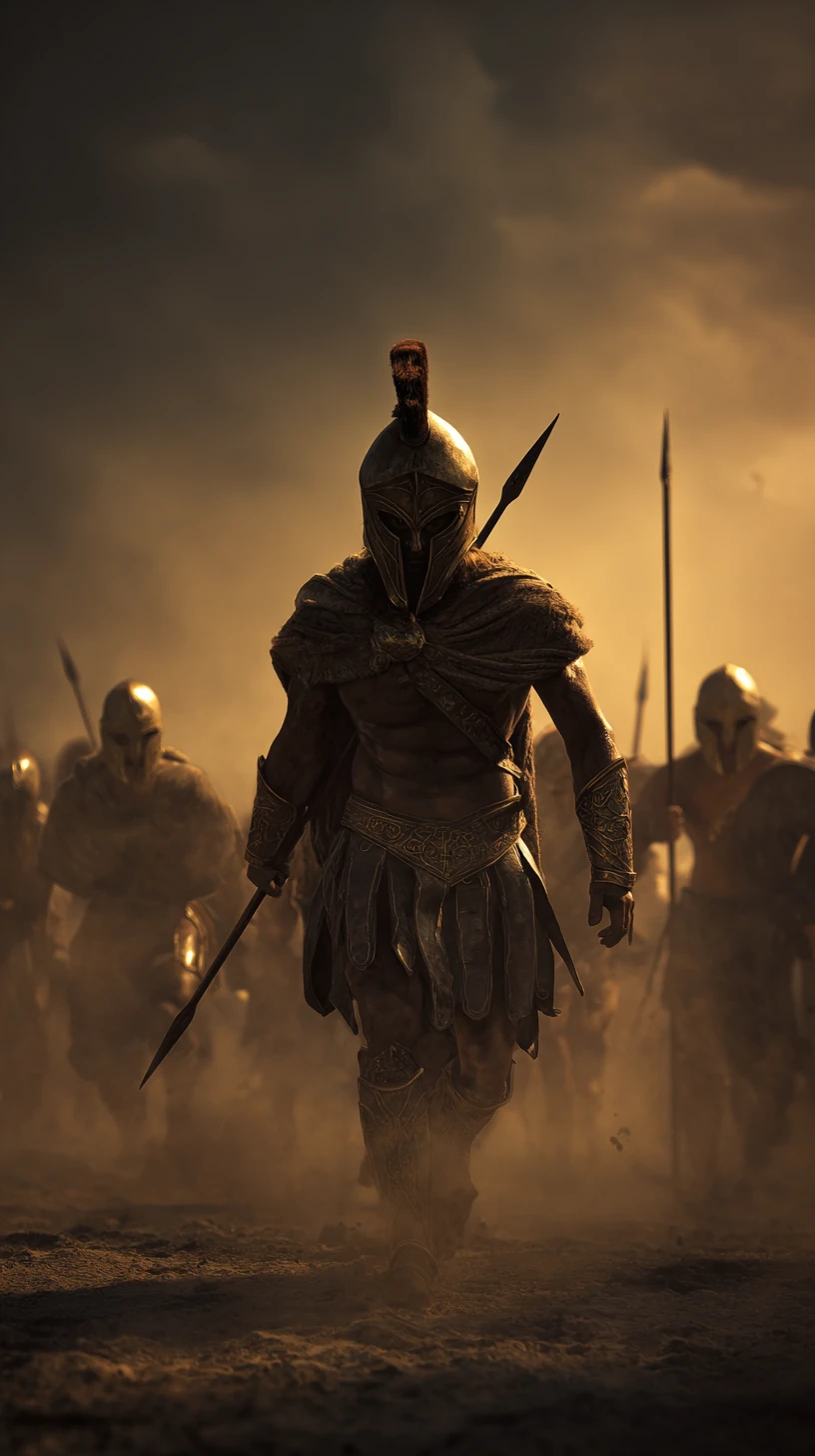 Ancient Greek warrior battling Persians on a dark field