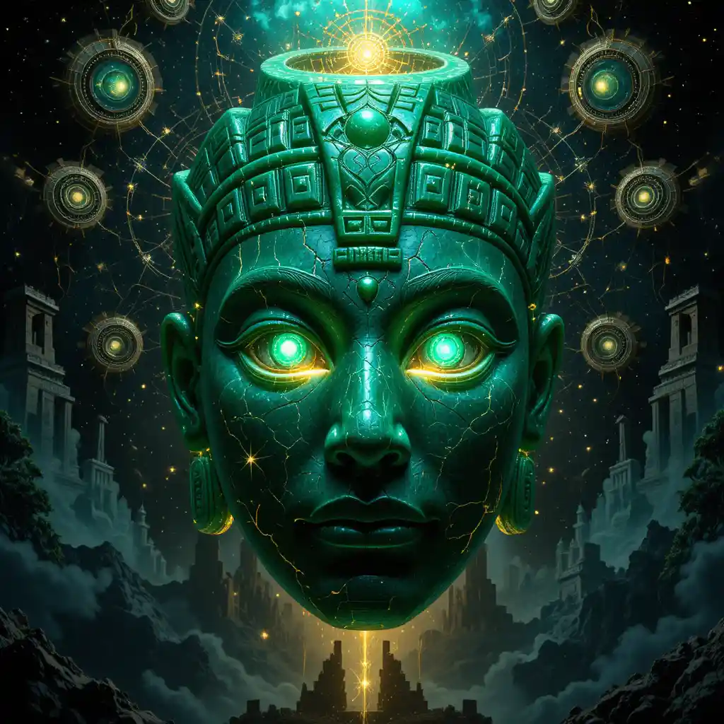 Máscara ritual de jade esmeralda que brilla con energía cósmica