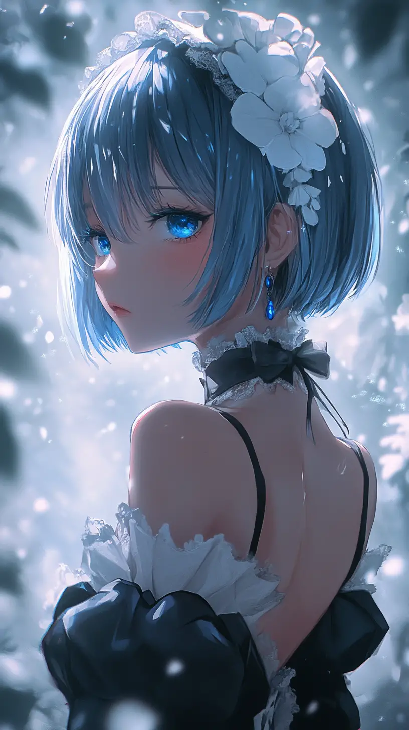 Fille anime soubrette aux cheveux bleus dans une scène de fantaisie éthérée