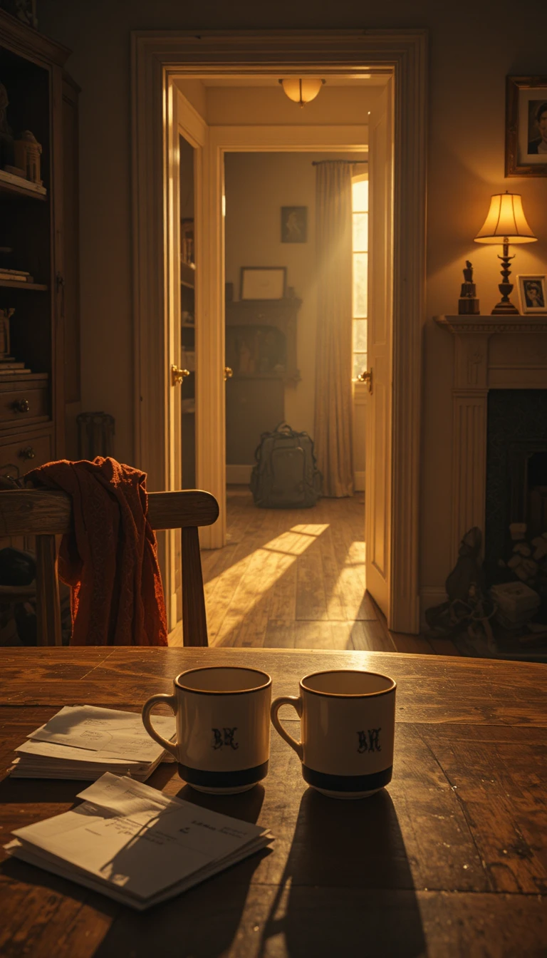 Cena acolhedora na mesa da cozinha com xícaras de café e cartas