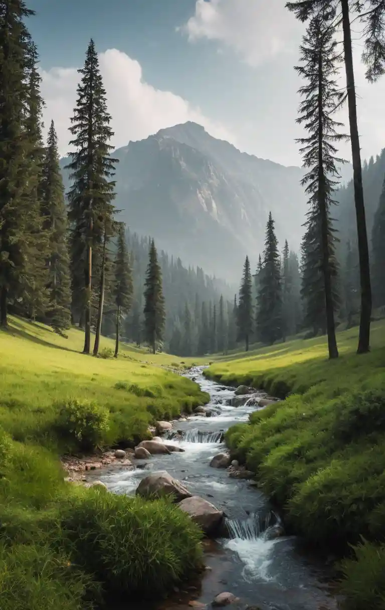 Paisagem tranquila de vale montanhoso com árvores e colinas