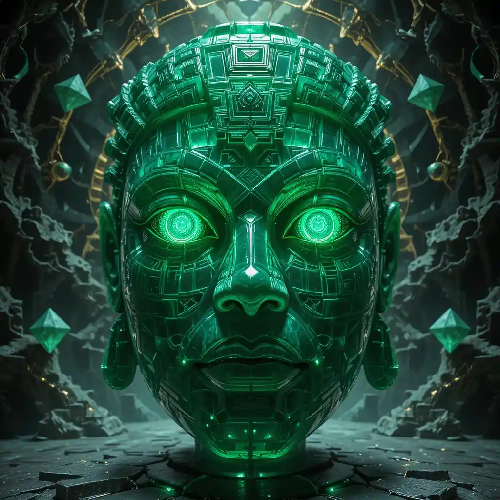 Máscara de Jade Fractal com Padrões Sagrados de Cristais Geométricos