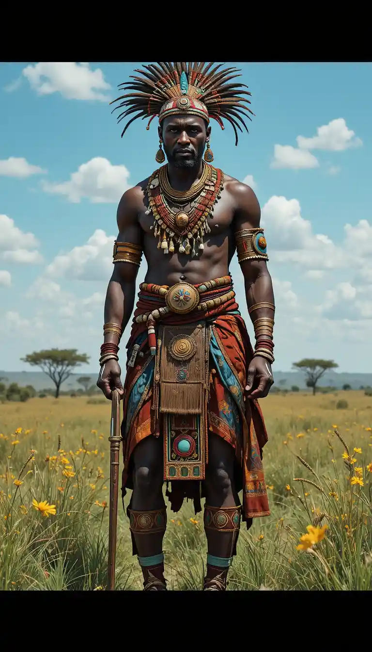 Guerreiro africano em traje tribal na savana ensolarada