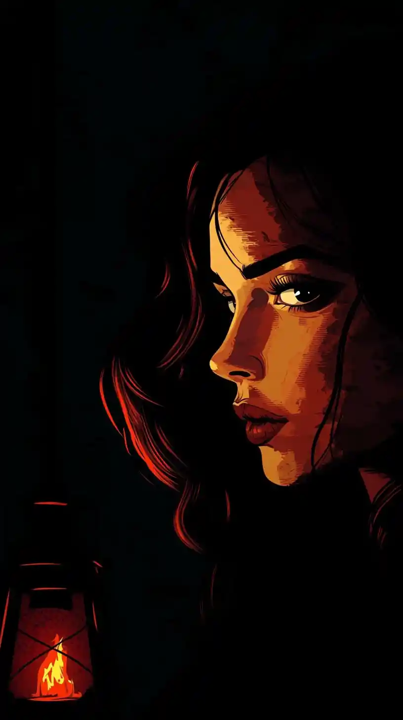 Cartoon woman emerging from darkness with firelight glow