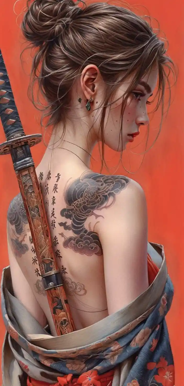 Donna tatuata in kimono con katana su sfondo rosso