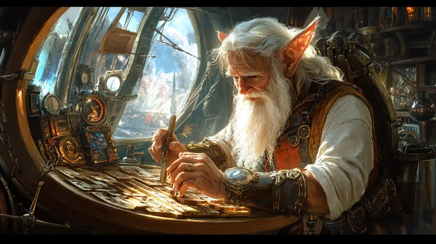 Anziano artigiano fantasy che scolpisce il legno all'interno di una nave steampunk