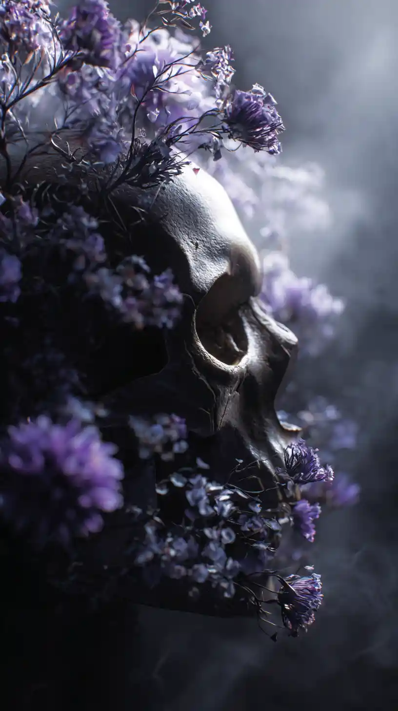 Grotesque Ancient Skull Shrouded In Dark Mist And Flowers