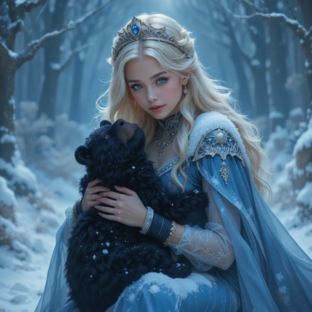 Blonde Prinzessin in Blau spielt mit schwarzem Bärenjunges