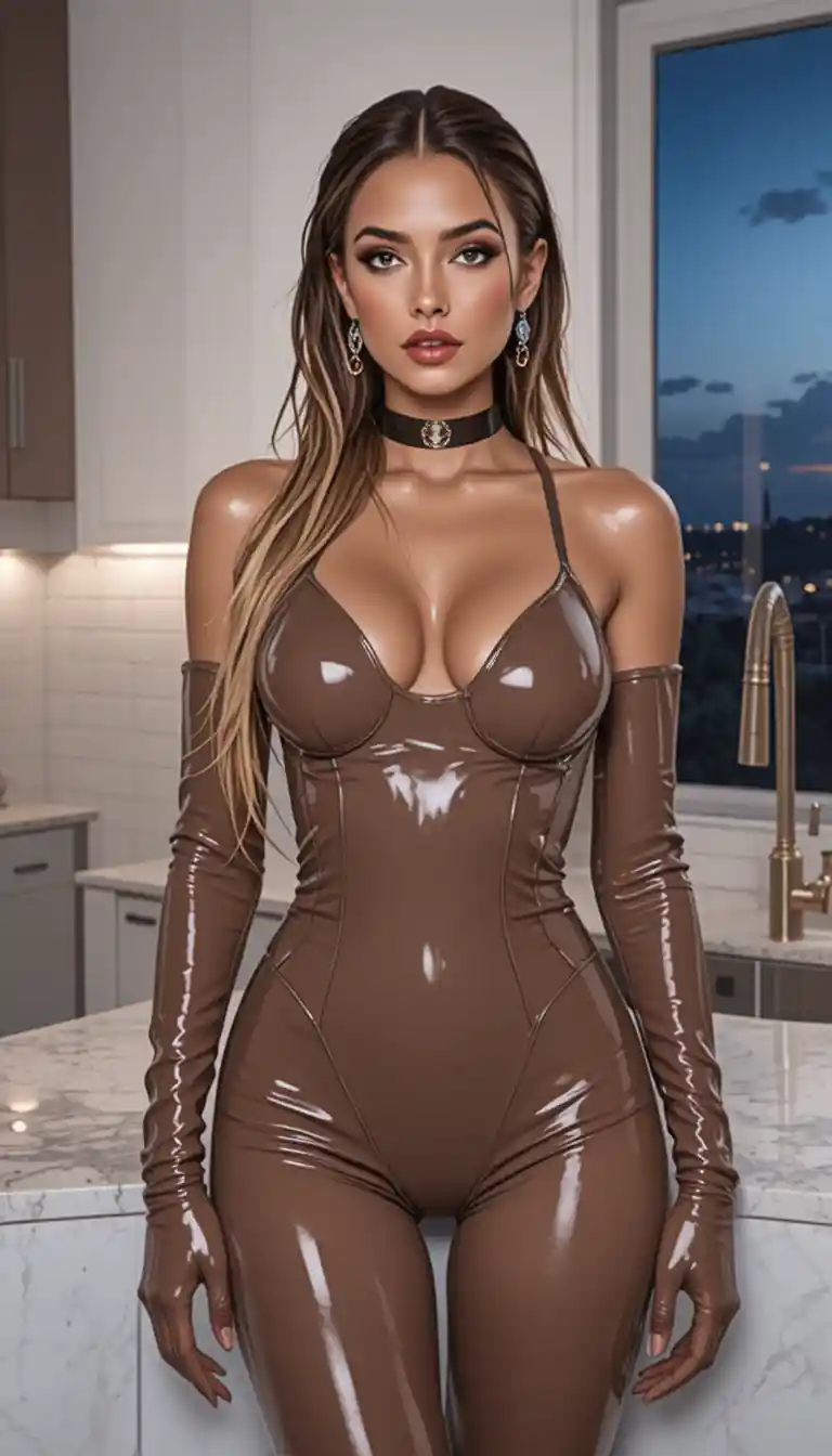 Blonde woman in latex bodysuit posing in modern kitchen