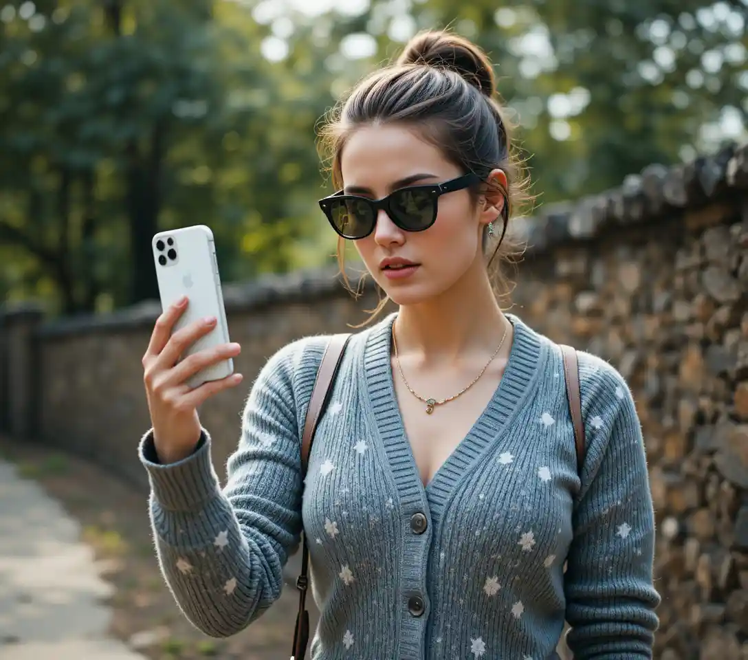 Jovem assustada filmando do lado de fora com o celular