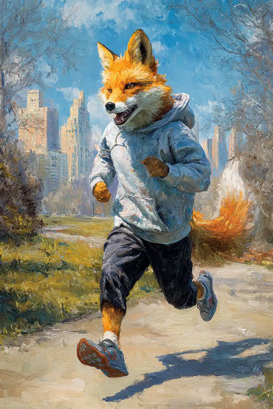 Anthropomorpher Fuchs joggt im sonnigen Stadtpark
