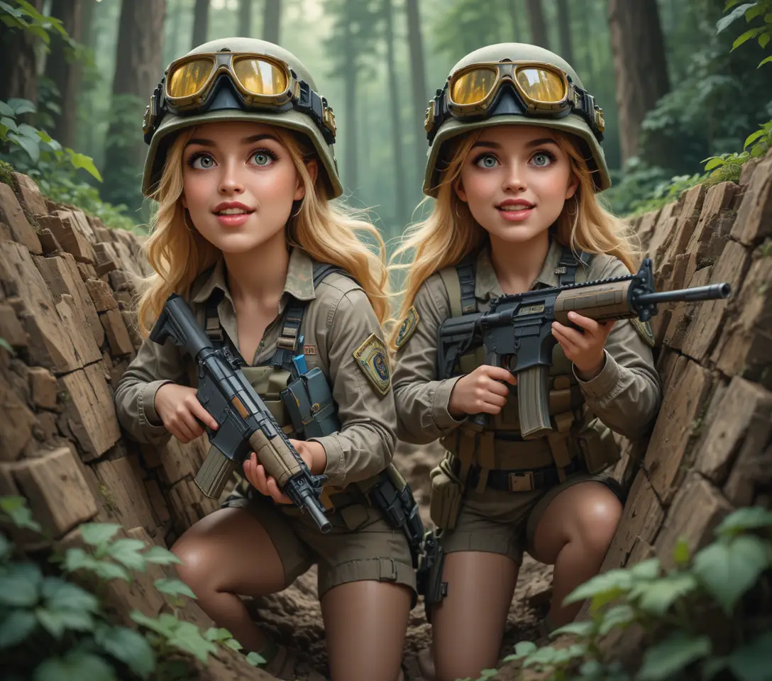 Bewaffnete Soldaten in einem hölzernen Schützengraben im dichten Wald